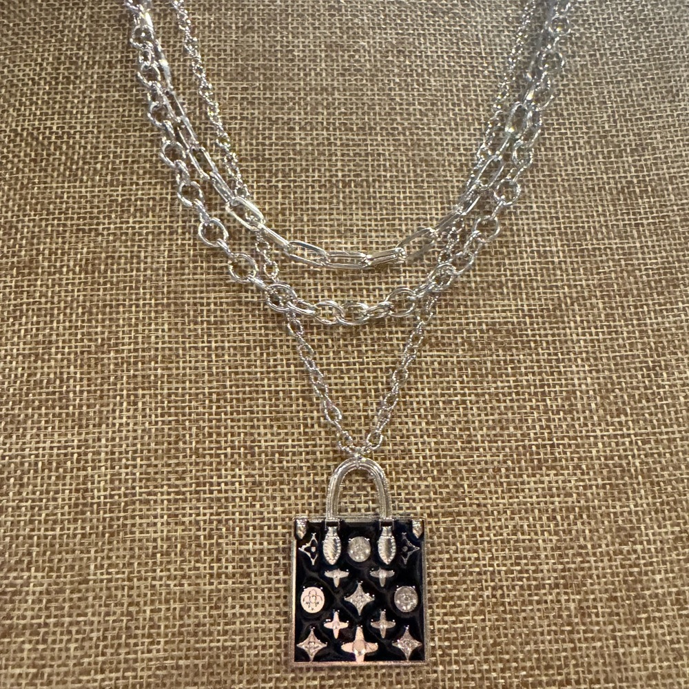 Layered Chain Necklace with Black Enamel Bag Pendant / Gold or Silver-Tone